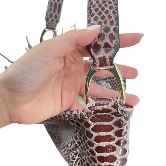 GILI NEW Brown Genuine Leather Textured Croc Reptile Fringe Shoulder Bag Purse - Picture 5 of 13